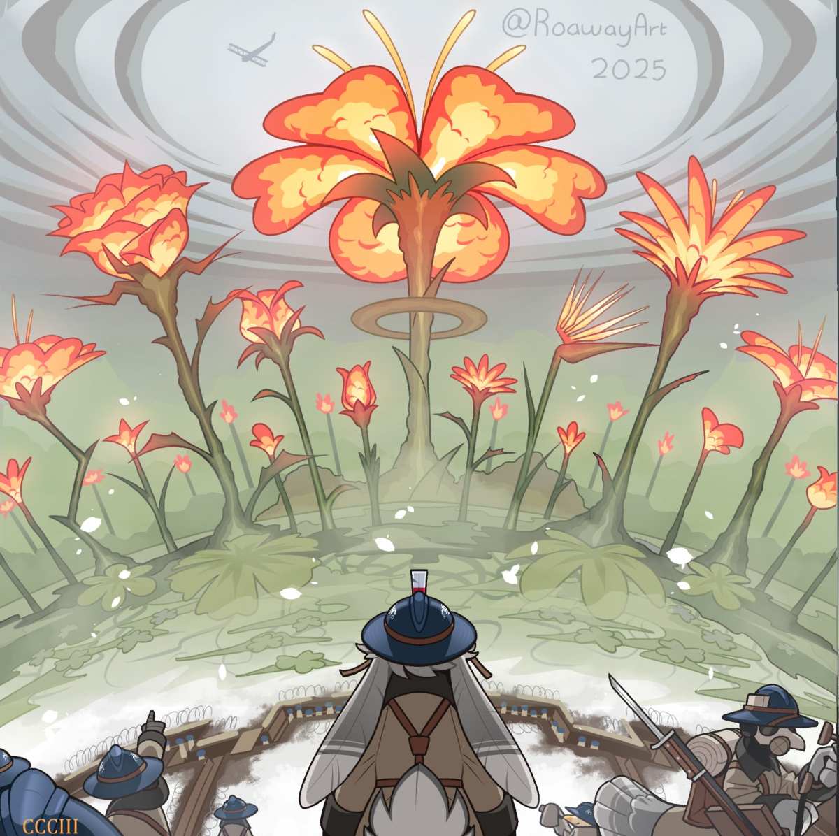 火红的花朵与战士