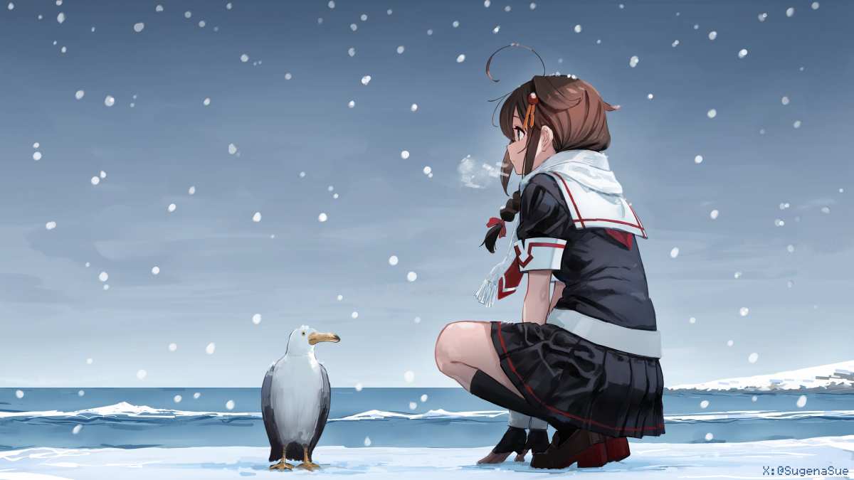 雪中少女与海鸥