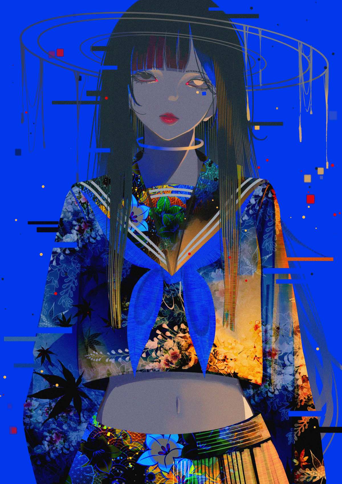 蓝色背景下的动漫少女