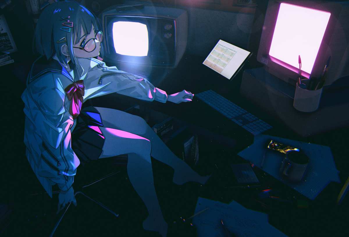 电脑 · 动漫女孩 · 眼镜高清壁纸