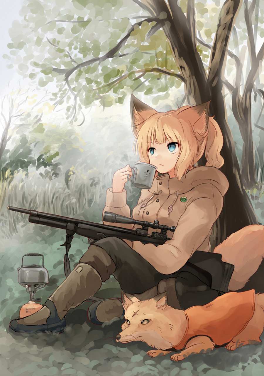 拿着枪 · 步枪 · 狐狸耳朵的女孩高清壁纸